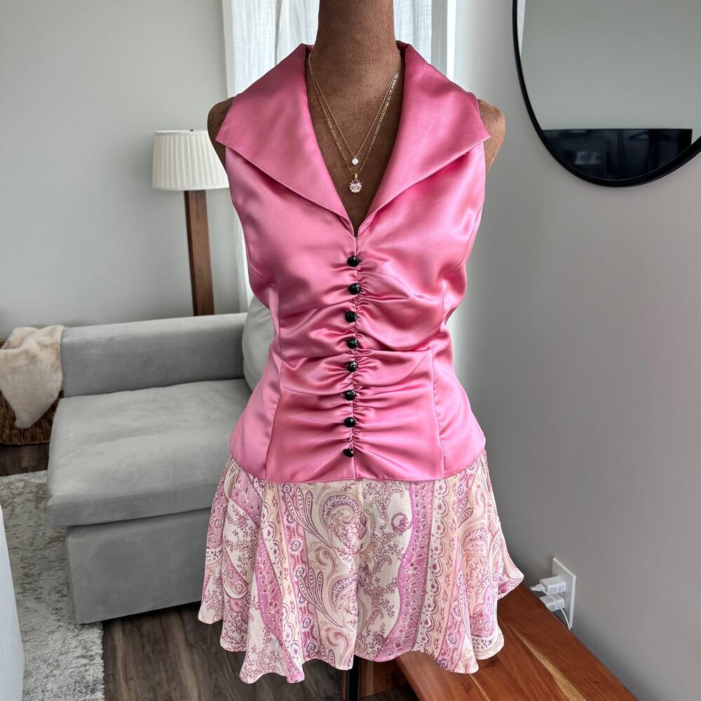 90s Vintage Dressbarn Fuchsia Pink Satin Ruched Button Front Top Cinched Size 10
